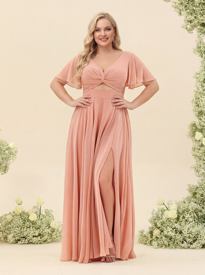 A-Line/Princess Ruffles V-Neck Short Sleeves Plus Size Bridesmaid Dresses With Bowknot
