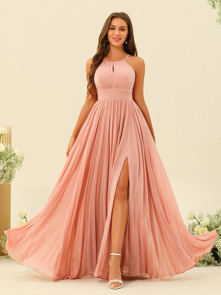 A-Line/Princess Halter Sleeveless Long Bridesmaid Dresses with Split Side &amp; Ruffles