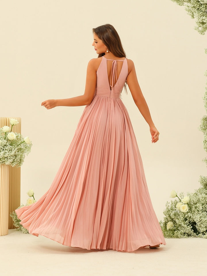 A-Line/Princess Halter Sleeveless Long Bridesmaid Dresses with Split Side &amp; Ruffles