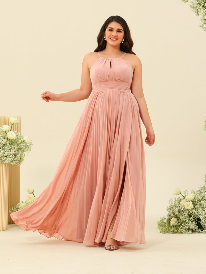 A-Line/Princess Halter Sleeveless Long Bridesmaid Dresses with Split Side &amp; Ruffles