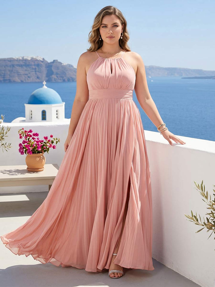 A-Line/Princess Halter Plus Size Long Bridesmaid Dresses with Split Side &amp; Ruffles