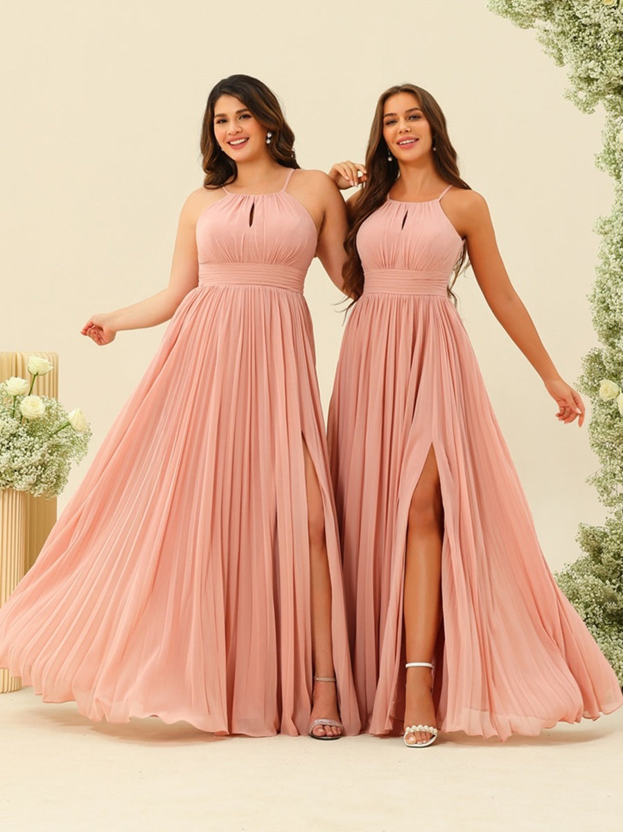 A-Line/Princess Halter Plus Size Long Bridesmaid Dresses with Split Side &amp; Ruffles