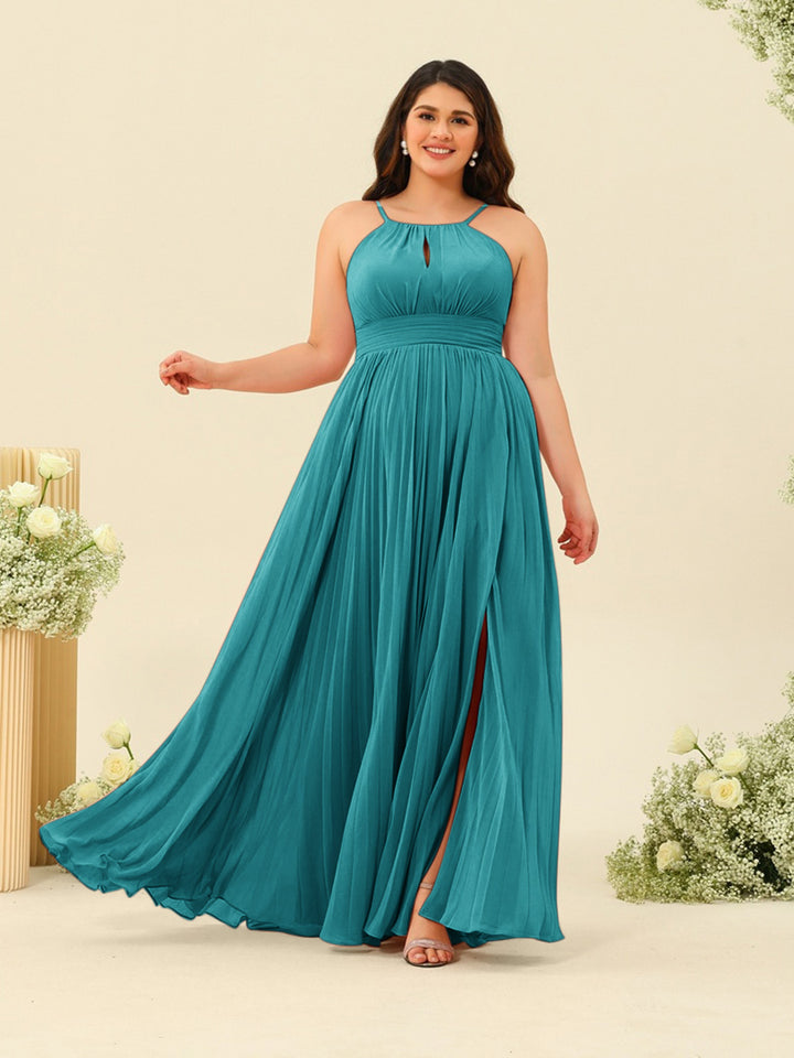A-Line/Princess Halter Plus Size Long Bridesmaid Dresses with Split Side &amp; Ruffles