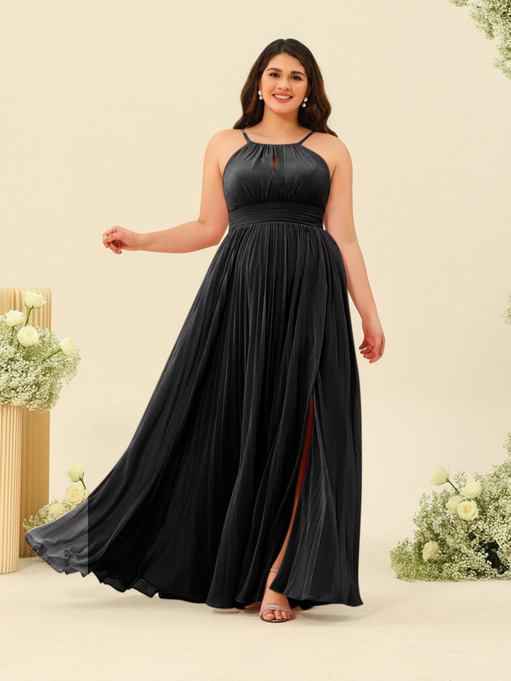 A-Line/Princess Halter Plus Size Long Bridesmaid Dresses with Split Side &amp; Ruffles