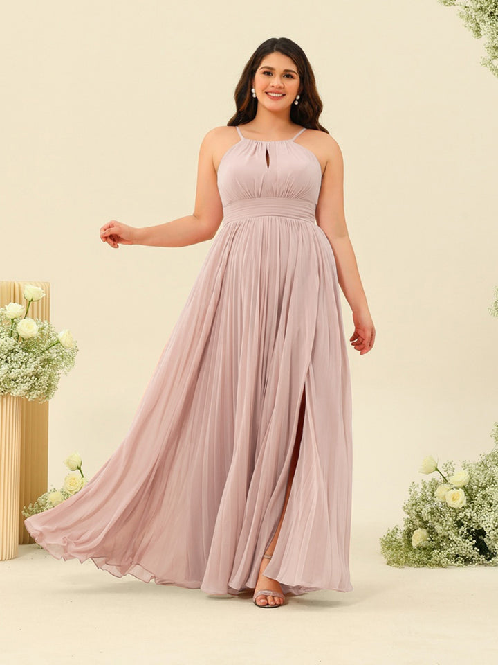 A-Line/Princess Halter Plus Size Long Bridesmaid Dresses with Split Side &amp; Ruffles