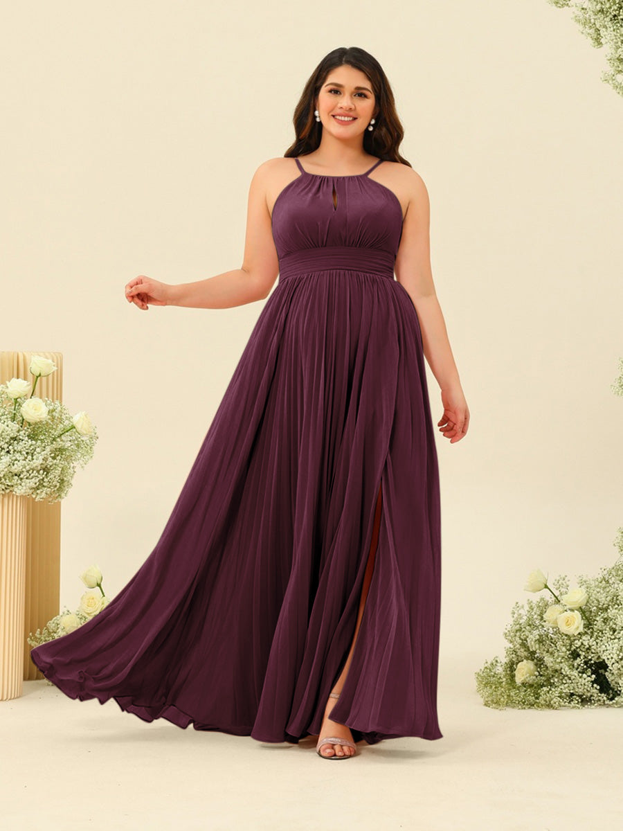 A-Line/Princess Halter Plus Size Long Bridesmaid Dresses with Split Side &amp; Ruffles