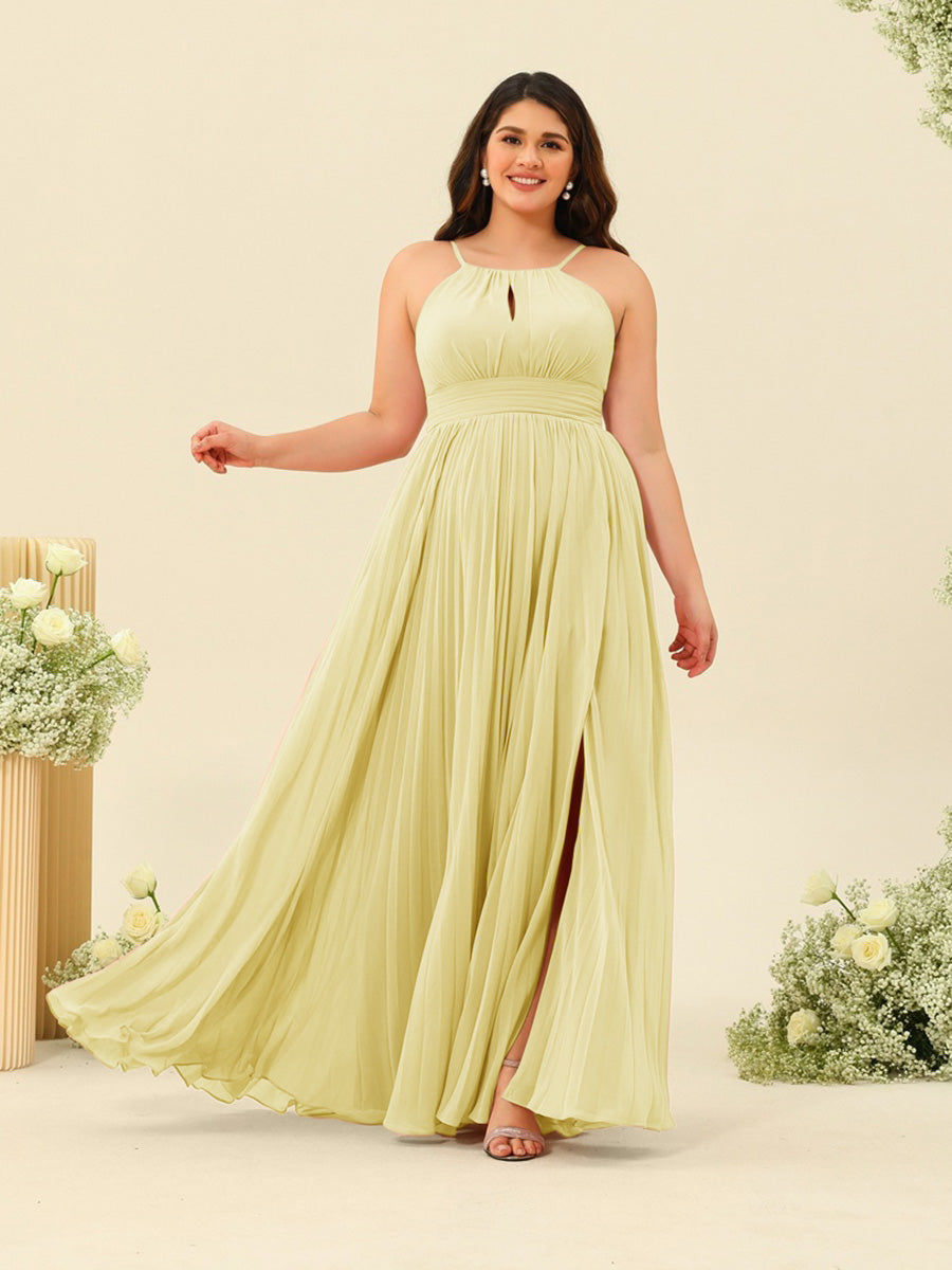A-Line/Princess Halter Plus Size Long Bridesmaid Dresses with Split Side &amp; Ruffles