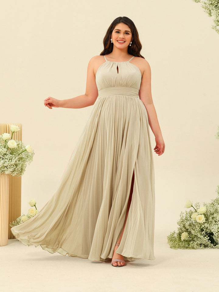 A-Line/Princess Halter Plus Size Long Bridesmaid Dresses with Split Side &amp; Ruffles