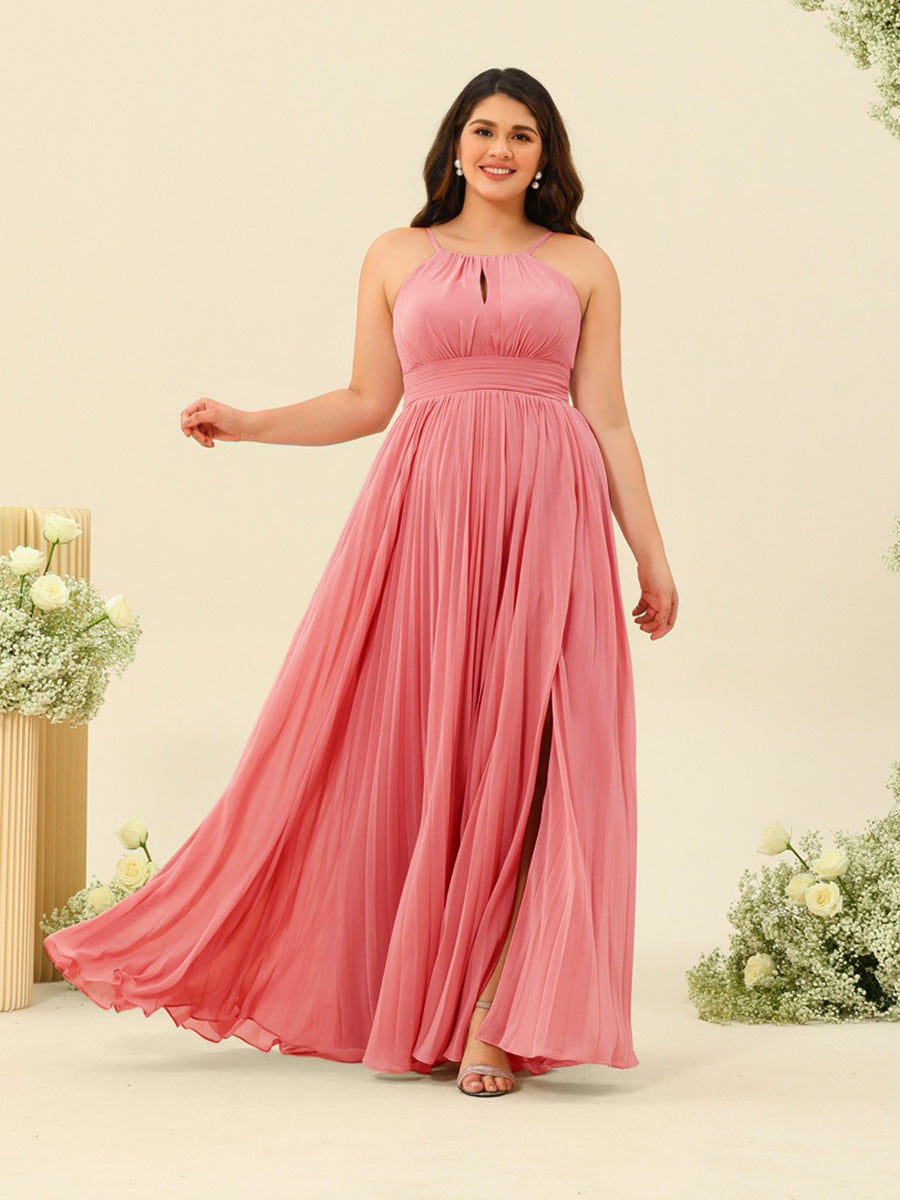 A-Line/Princess Halter Plus Size Long Bridesmaid Dresses with Split Side &amp; Ruffles
