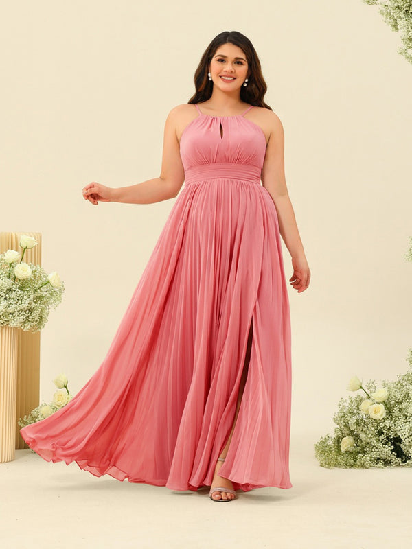 A-Line/Princess Halter Plus Size Long Bridesmaid Dresses with Split Side & Ruffles
