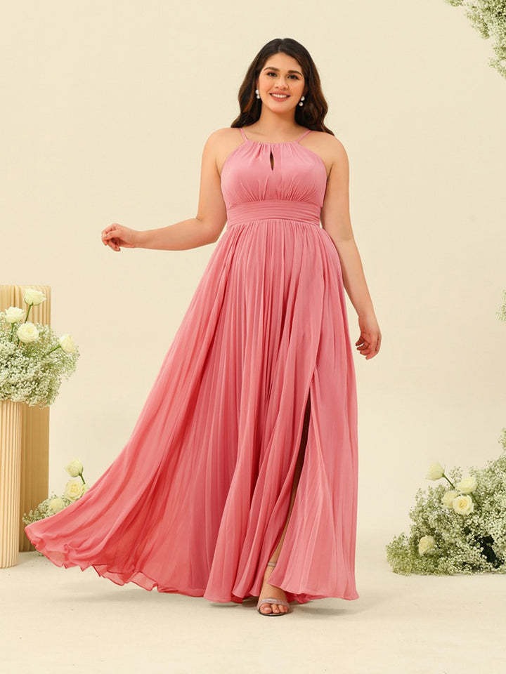 A-Line/Princess Halter Plus Size Long Bridesmaid Dresses with Split Side &amp; Ruffles
