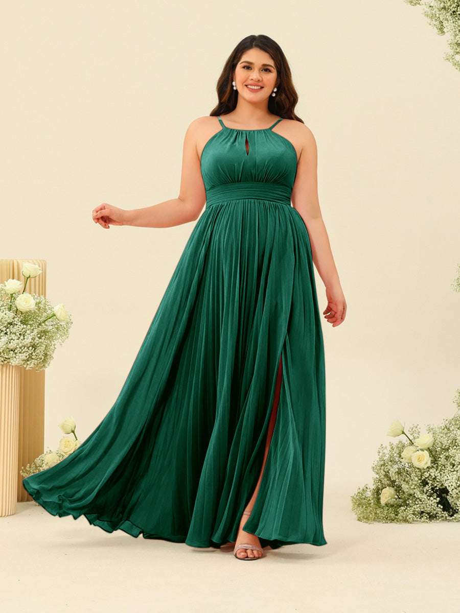 A-Line/Princess Halter Plus Size Long Bridesmaid Dresses with Split Side &amp; Ruffles