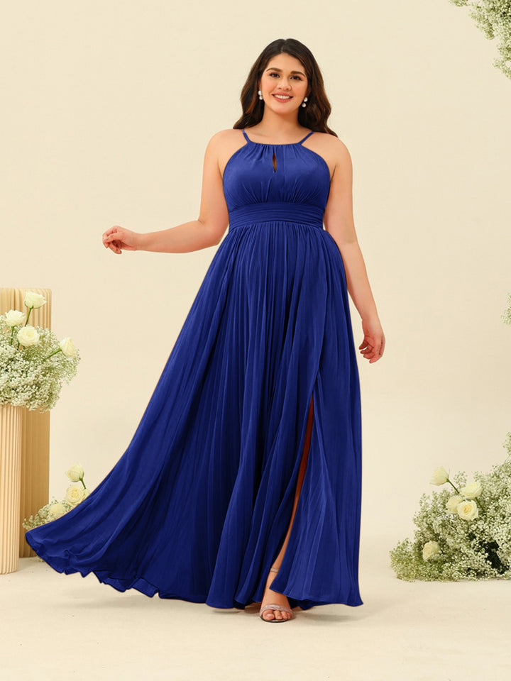 A-Line/Princess Halter Plus Size Long Bridesmaid Dresses with Split Side &amp; Ruffles