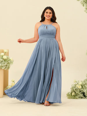 A-Line/Princess Halter Plus Size Long Bridesmaid Dresses with Split Side & Ruffles