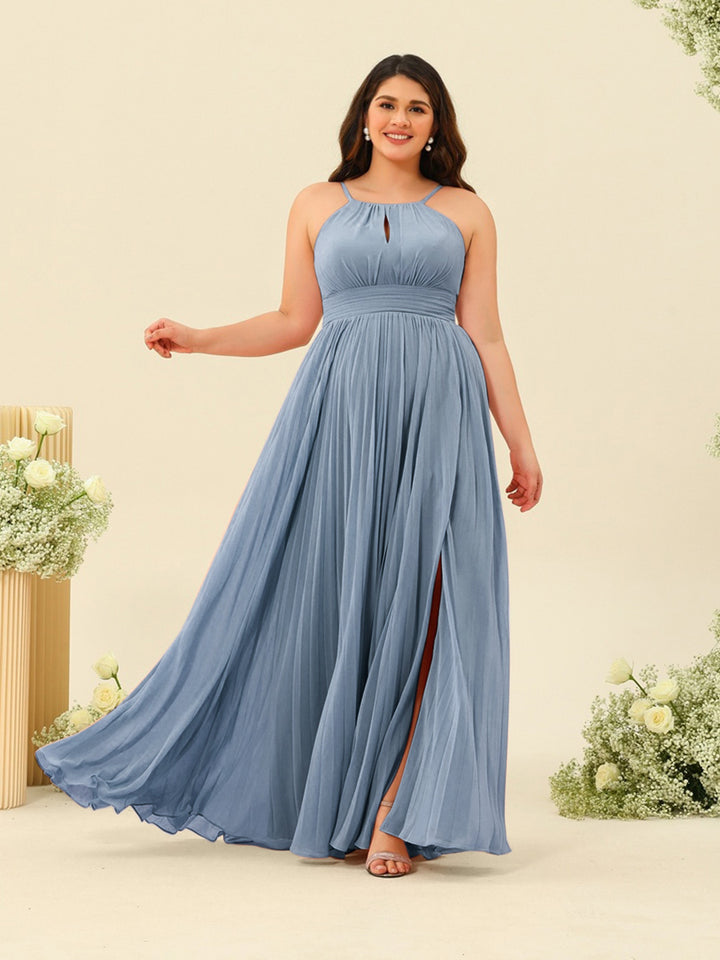 A-Line/Princess Halter Plus Size Long Bridesmaid Dresses with Split Side &amp; Ruffles