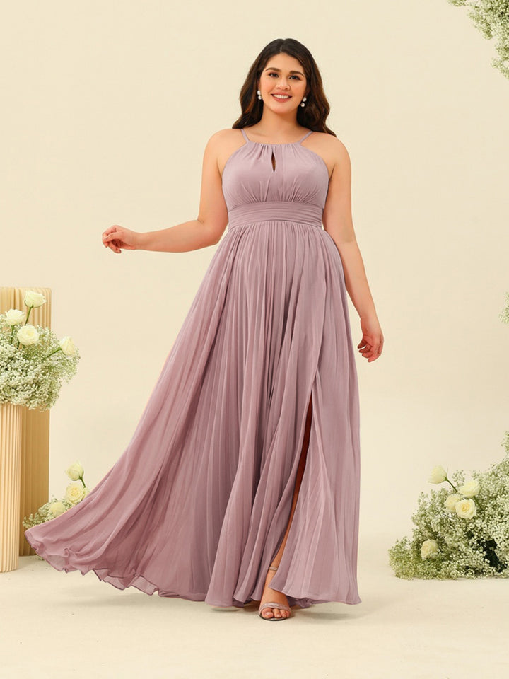A-Line/Princess Halter Plus Size Long Bridesmaid Dresses with Split Side &amp; Ruffles