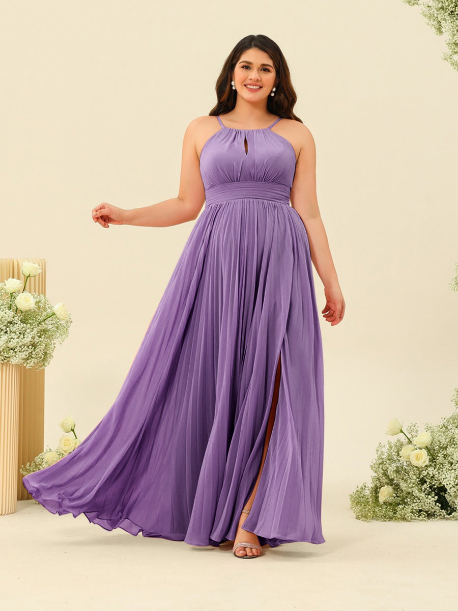 A-Line/Princess Halter Plus Size Long Bridesmaid Dresses with Split Side &amp; Ruffles