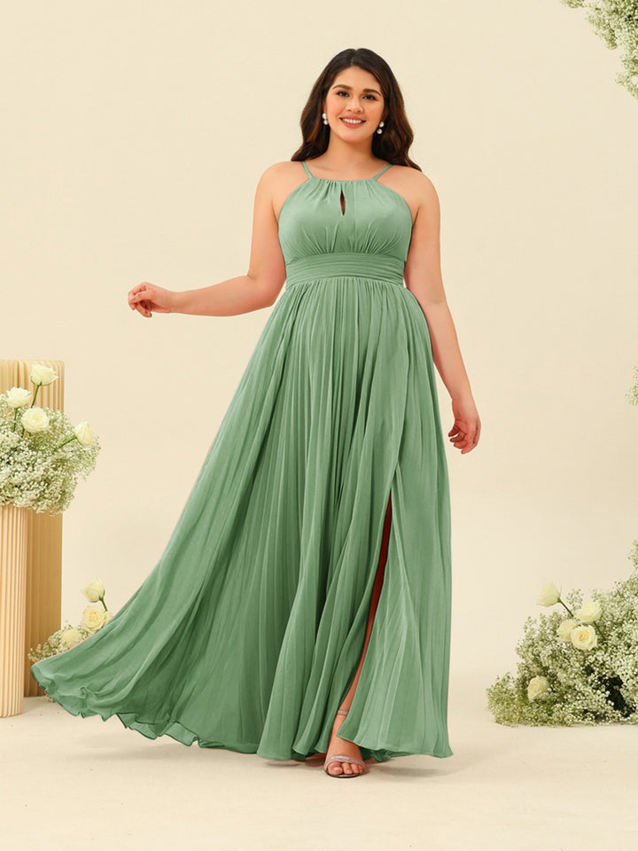 A-Line/Princess Halter Plus Size Long Bridesmaid Dresses with Split Side &amp; Ruffles