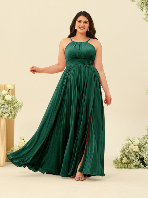A-Line/Princess Halter Plus Size Long Bridesmaid Dresses with Split Side & Ruffles