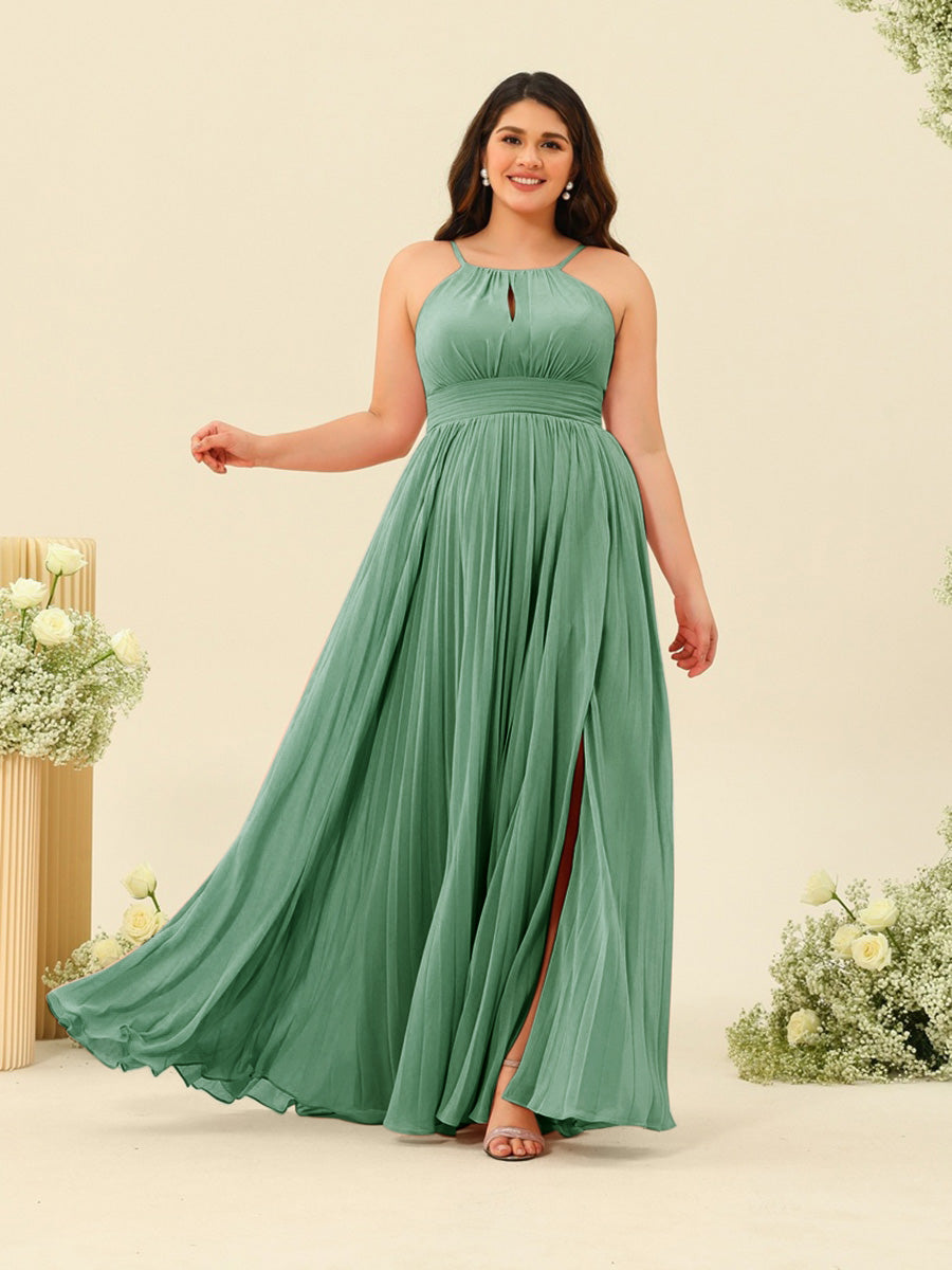 A-Line/Princess Halter Plus Size Long Bridesmaid Dresses with Split Side &amp; Ruffles