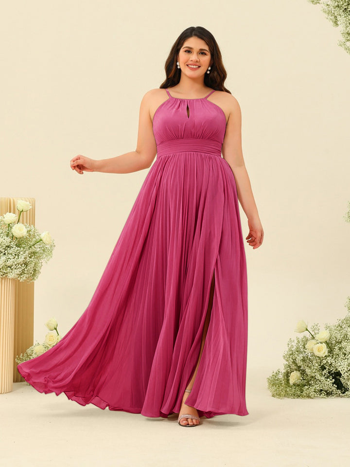 A-Line/Princess Halter Plus Size Long Bridesmaid Dresses with Split Side &amp; Ruffles