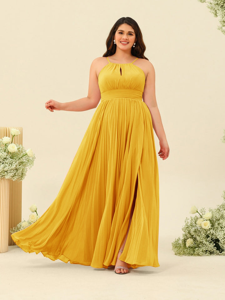 A-Line/Princess Halter Plus Size Long Bridesmaid Dresses with Split Side &amp; Ruffles