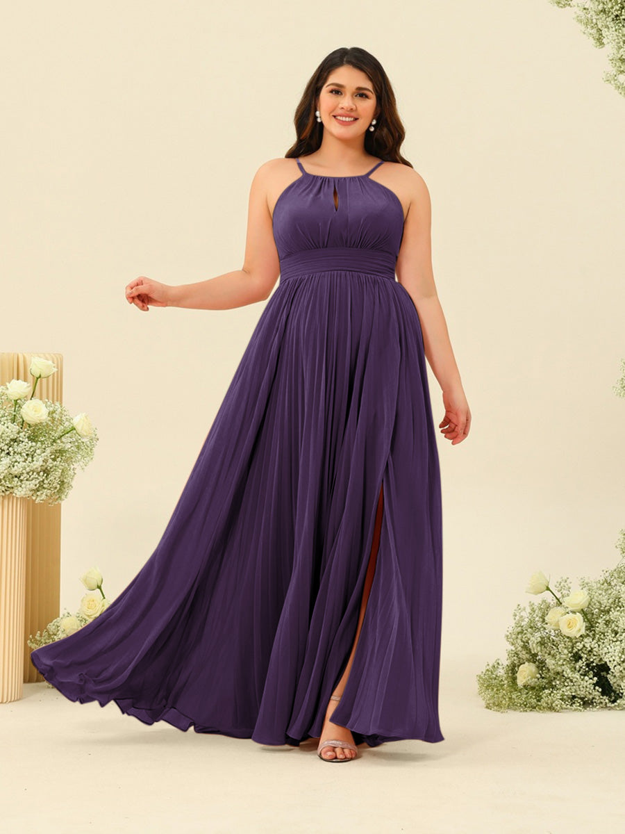 A-Line/Princess Halter Plus Size Long Bridesmaid Dresses with Split Side &amp; Ruffles