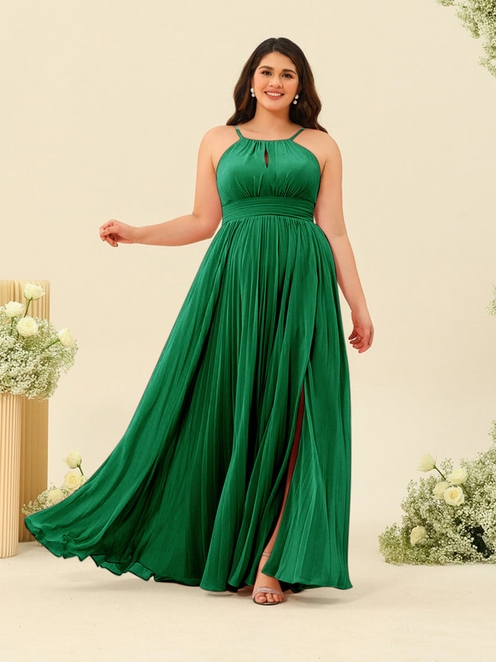 A-Line/Princess Halter Plus Size Long Bridesmaid Dresses with Split Side &amp; Ruffles