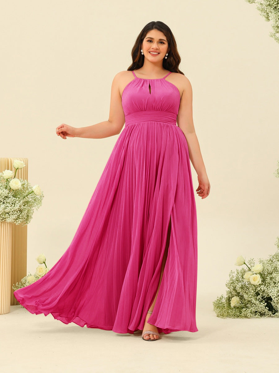 A-Line/Princess Halter Plus Size Long Bridesmaid Dresses with Split Side &amp; Ruffles