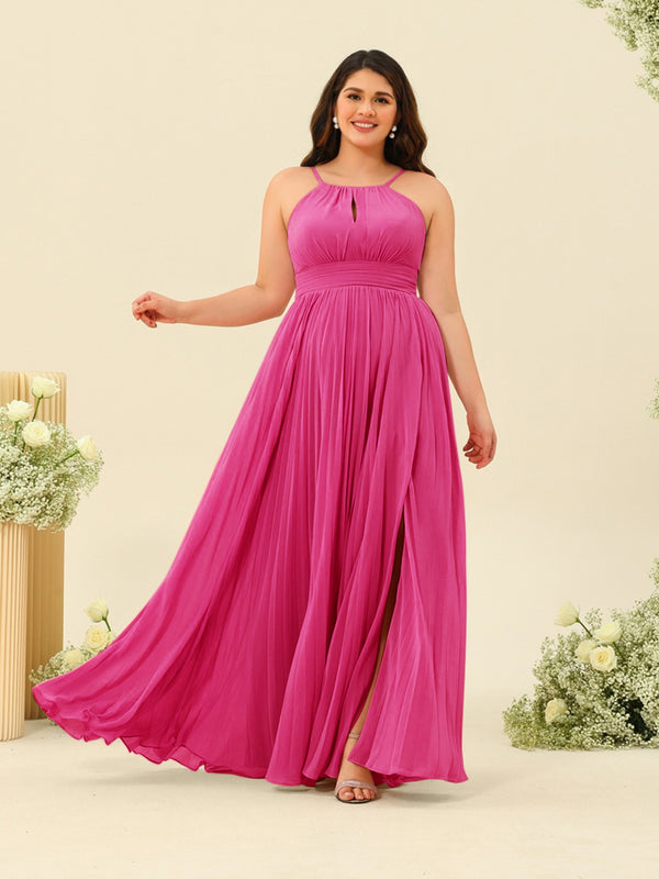 A-Line/Princess Halter Plus Size Long Bridesmaid Dresses with Split Side & Ruffles