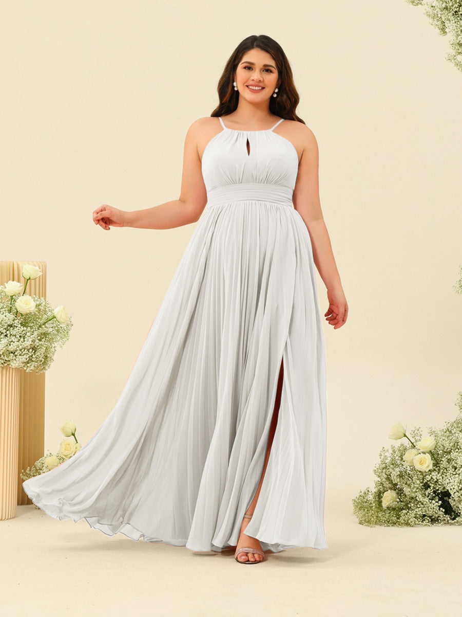 A-Line/Princess Halter Plus Size Long Bridesmaid Dresses with Split Side &amp; Ruffles