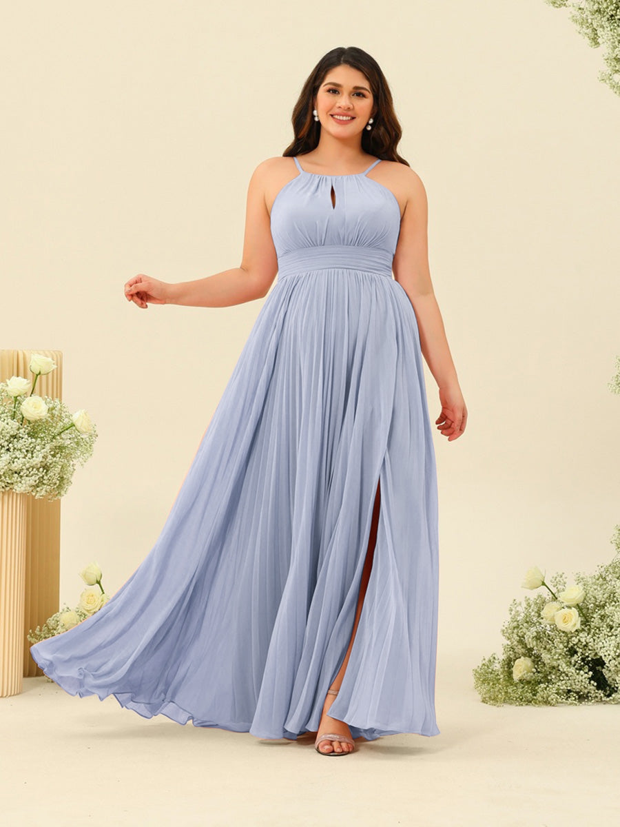 A-Line/Princess Halter Plus Size Long Bridesmaid Dresses with Split Side &amp; Ruffles