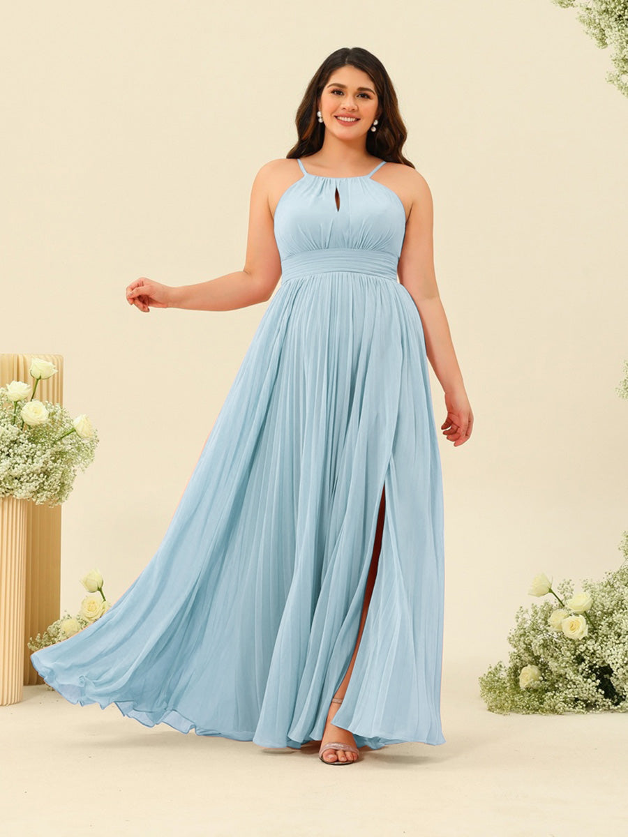 A-Line/Princess Halter Plus Size Long Bridesmaid Dresses with Split Side &amp; Ruffles