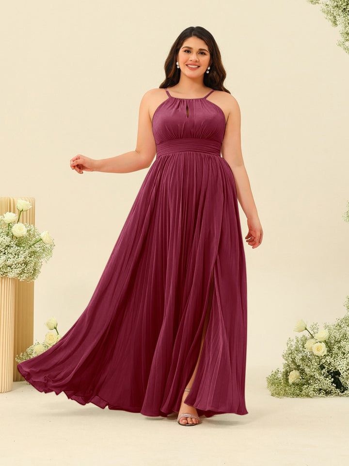 A-Line/Princess Halter Plus Size Long Bridesmaid Dresses with Split Side &amp; Ruffles