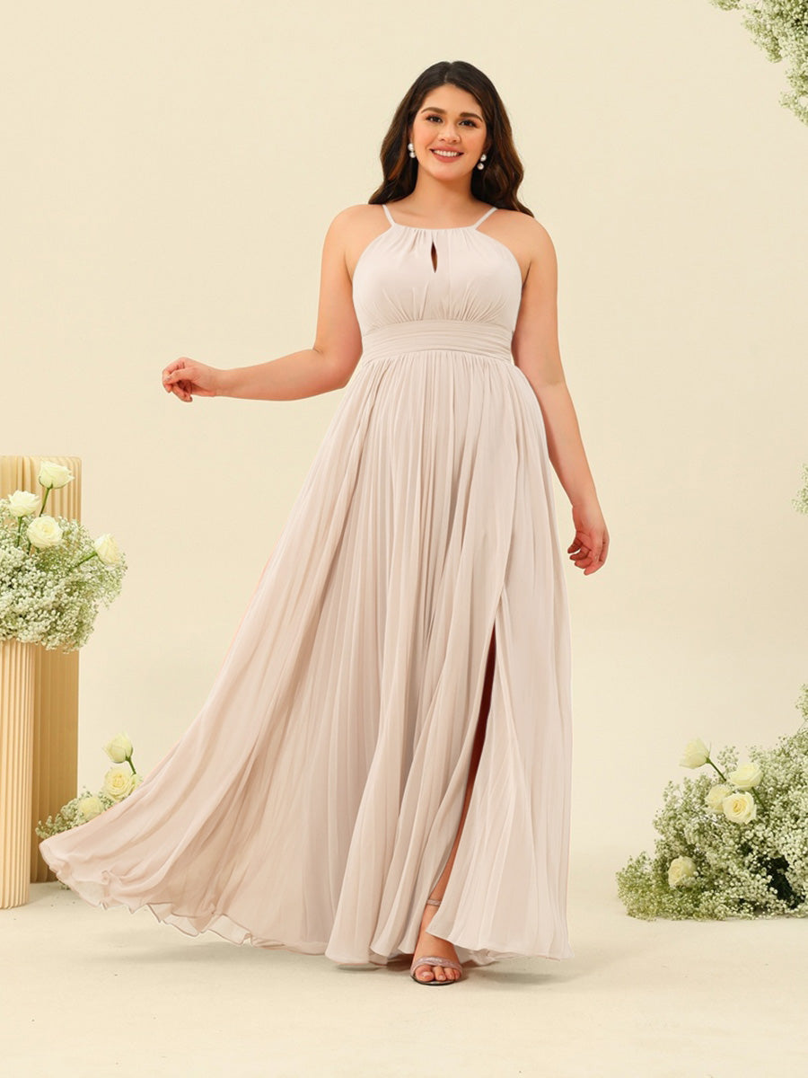 A-Line/Princess Halter Plus Size Long Bridesmaid Dresses with Split Side &amp; Ruffles