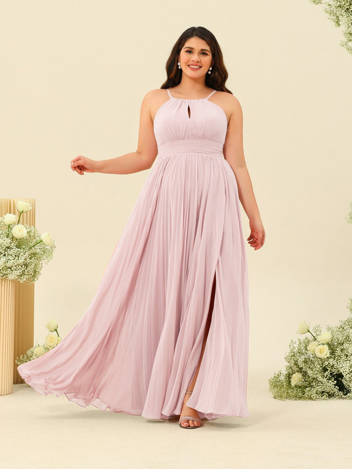 A-Line/Princess Halter Plus Size Long Bridesmaid Dresses with Split Side &amp; Ruffles