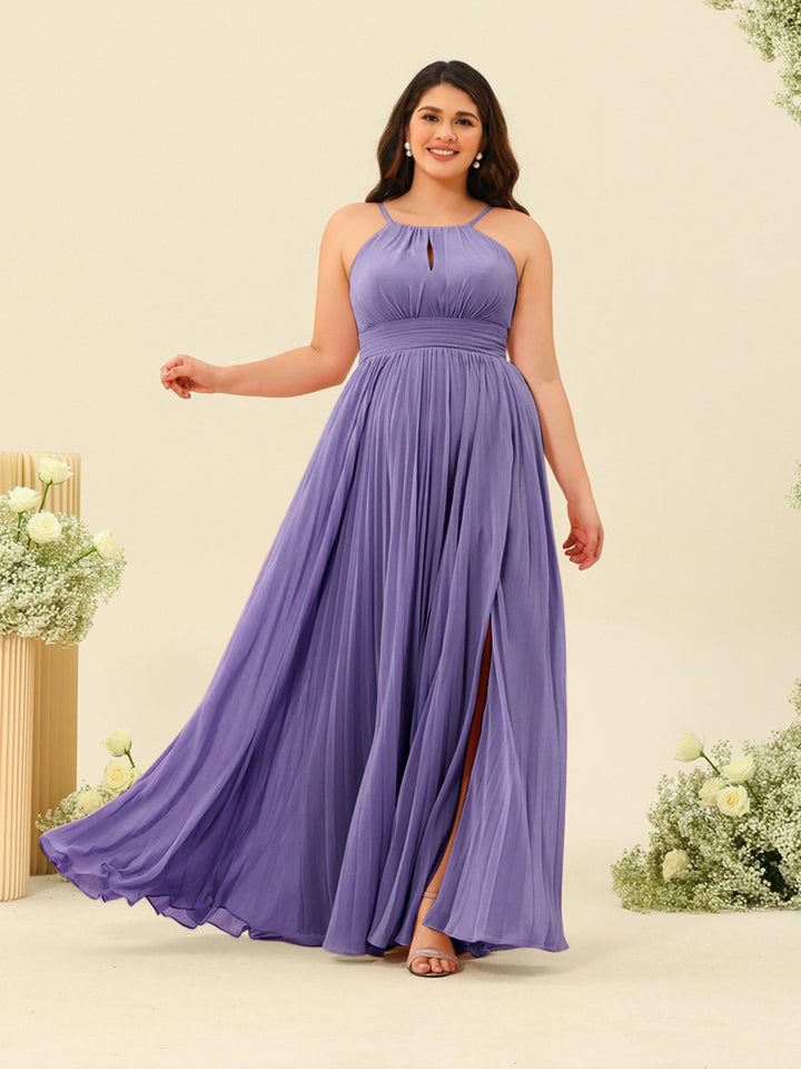 A-Line/Princess Halter Plus Size Long Bridesmaid Dresses with Split Side &amp; Ruffles