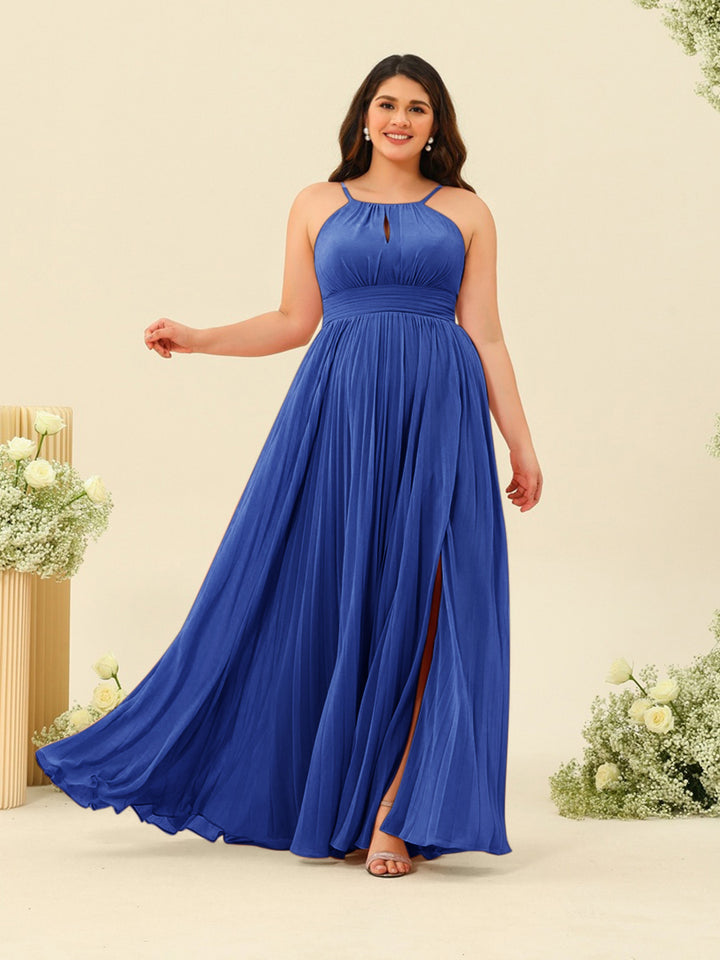 A-Line/Princess Halter Plus Size Long Bridesmaid Dresses with Split Side &amp; Ruffles