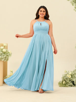 A-Line/Princess Halter Plus Size Long Bridesmaid Dresses with Split Side & Ruffles