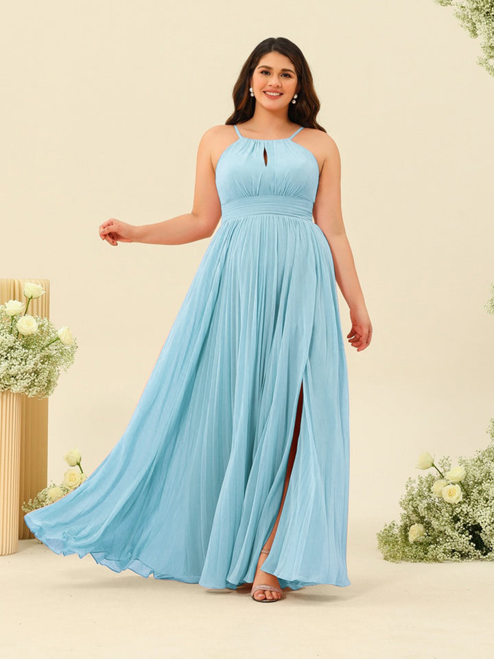 A-Line/Princess Halter Plus Size Long Bridesmaid Dresses with Split Side &amp; Ruffles