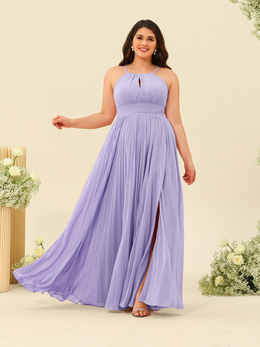 A-Line/Princess Halter Plus Size Long Bridesmaid Dresses with Split Side &amp; Ruffles