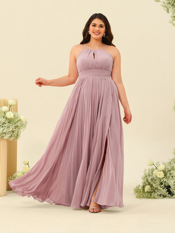A-Line/Princess Halter Plus Size Long Bridesmaid Dresses with Split Side & Ruffles