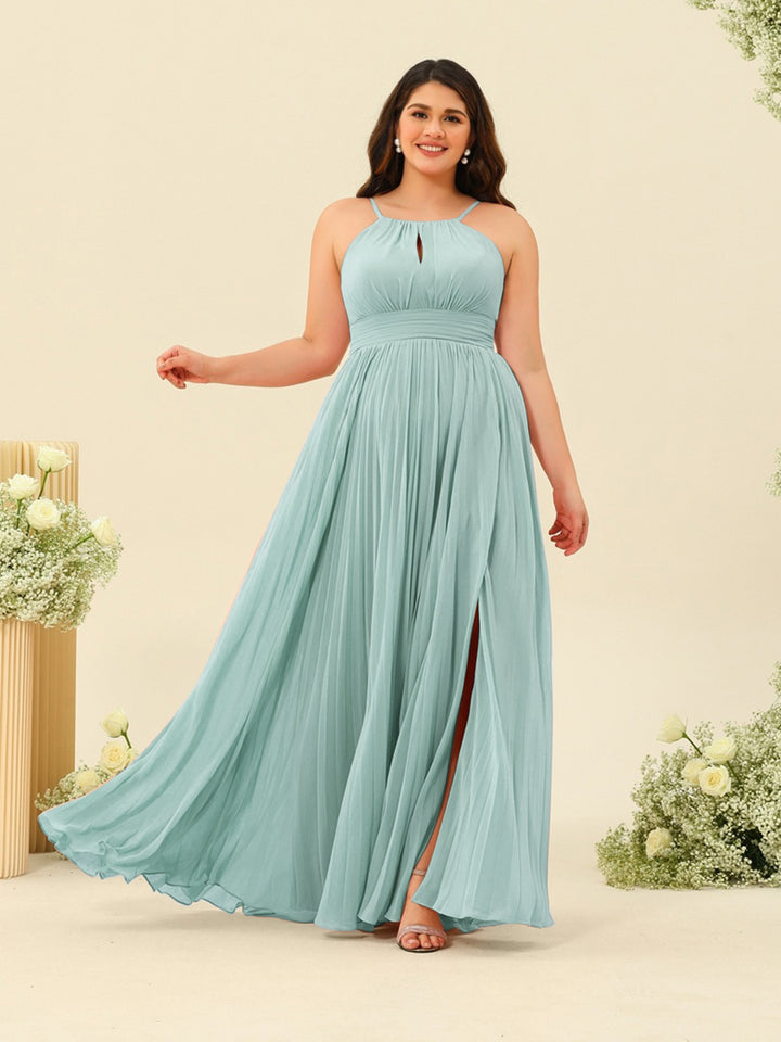 A-Line/Princess Halter Plus Size Long Bridesmaid Dresses with Split Side &amp; Ruffles