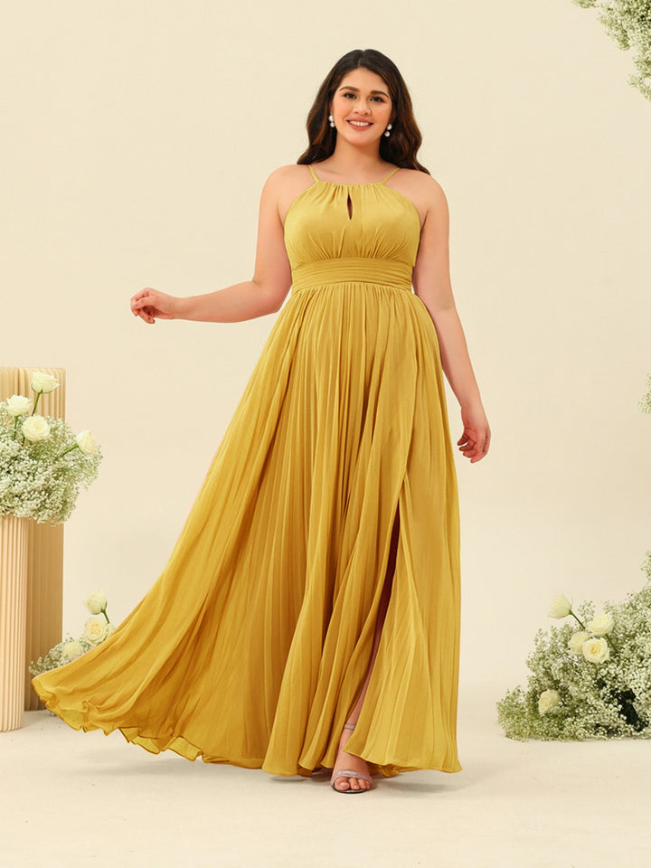 A-Line/Princess Halter Plus Size Long Bridesmaid Dresses with Split Side &amp; Ruffles