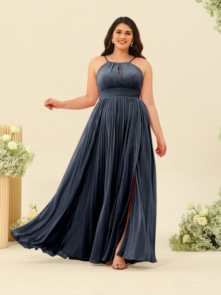 A-Line/Princess Halter Plus Size Long Bridesmaid Dresses with Split Side &amp; Ruffles