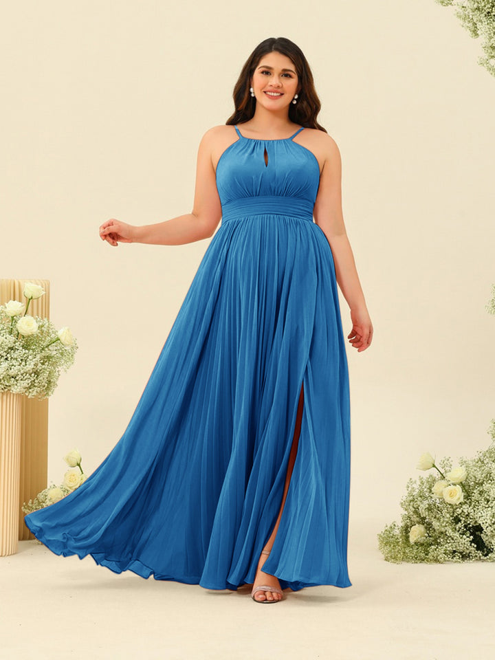 A-Line/Princess Halter Plus Size Long Bridesmaid Dresses with Split Side &amp; Ruffles