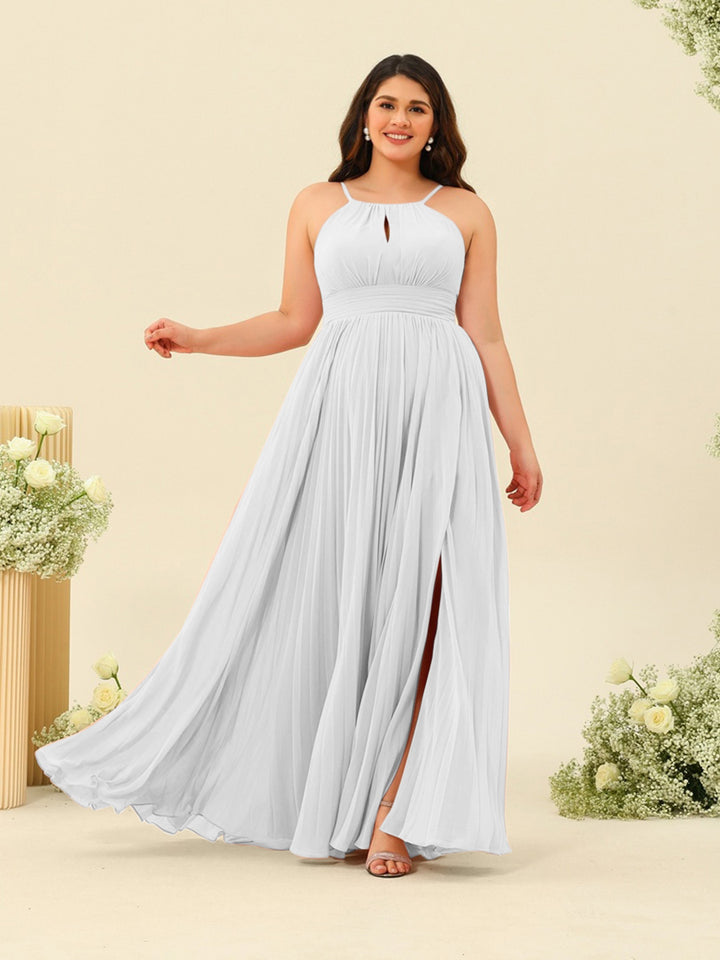 A-Line/Princess Halter Plus Size Long Bridesmaid Dresses with Split Side &amp; Ruffles