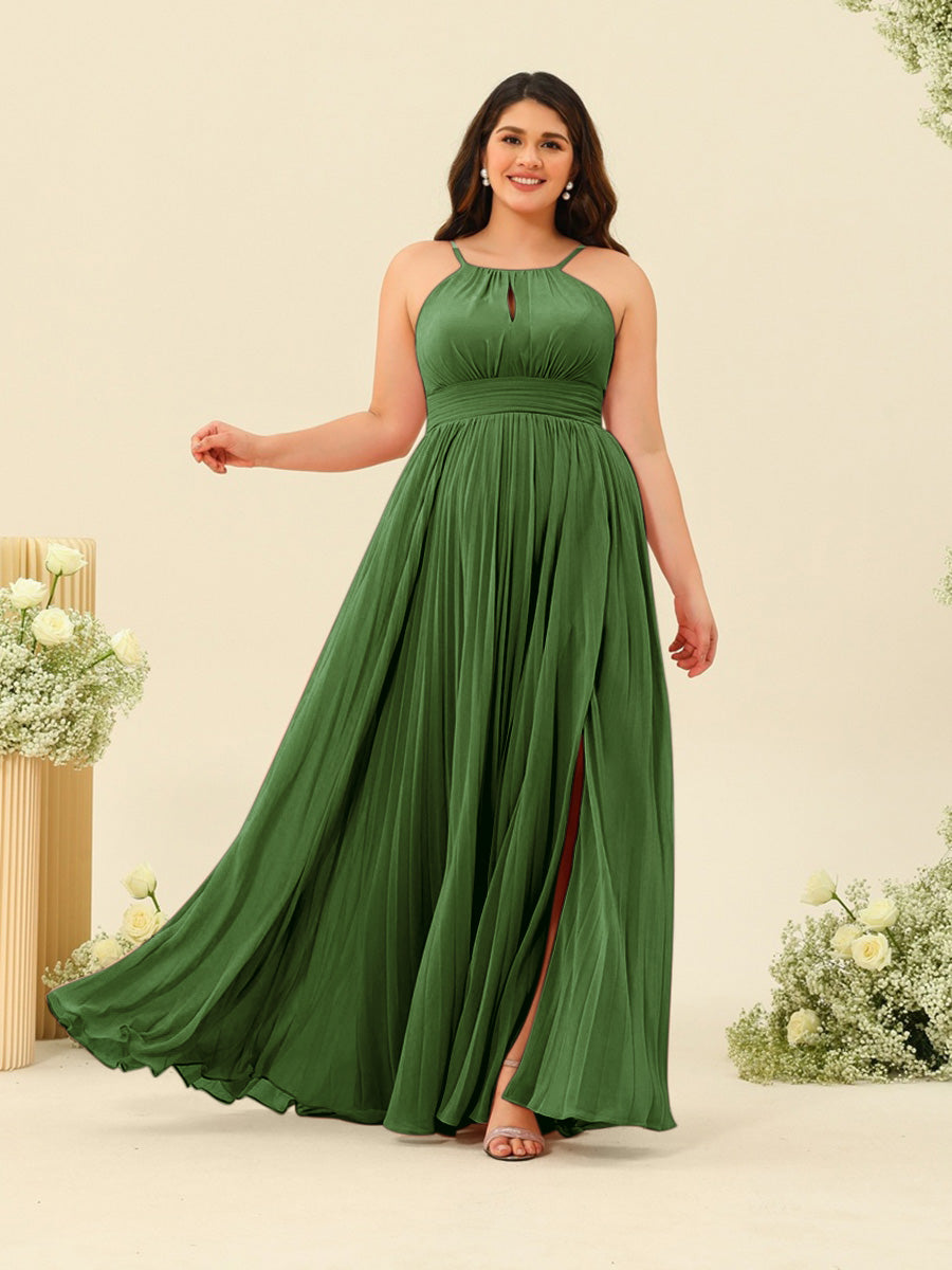 A-Line/Princess Halter Plus Size Long Bridesmaid Dresses with Split Side &amp; Ruffles