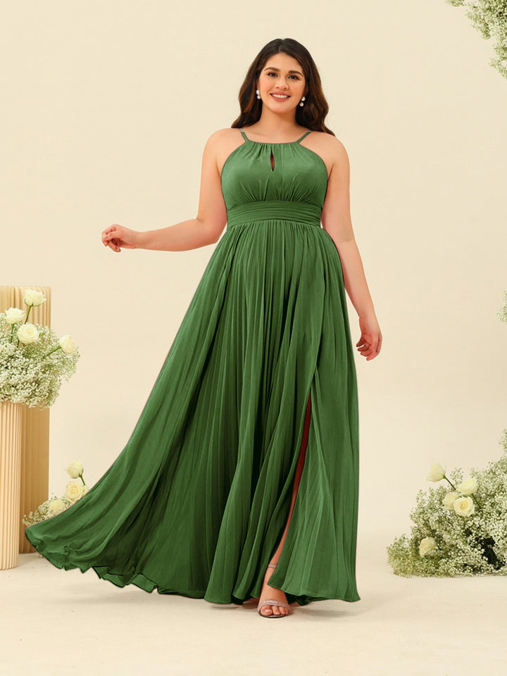 A-Line/Princess Halter Plus Size Long Bridesmaid Dresses with Split Side &amp; Ruffles