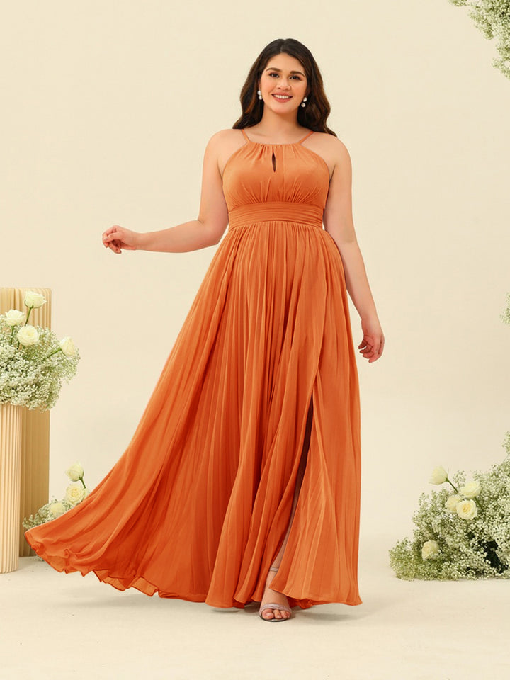 A-Line/Princess Halter Plus Size Long Bridesmaid Dresses with Split Side &amp; Ruffles